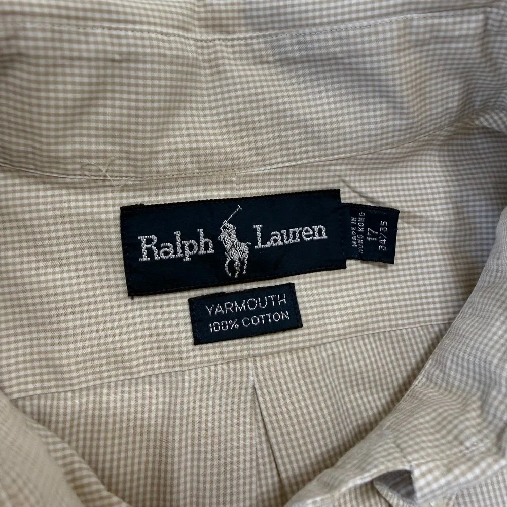 Ralph Lauren Yarmouth Mens Tan Gingham Check Cotton Button Down Shirt 17.5 34/35